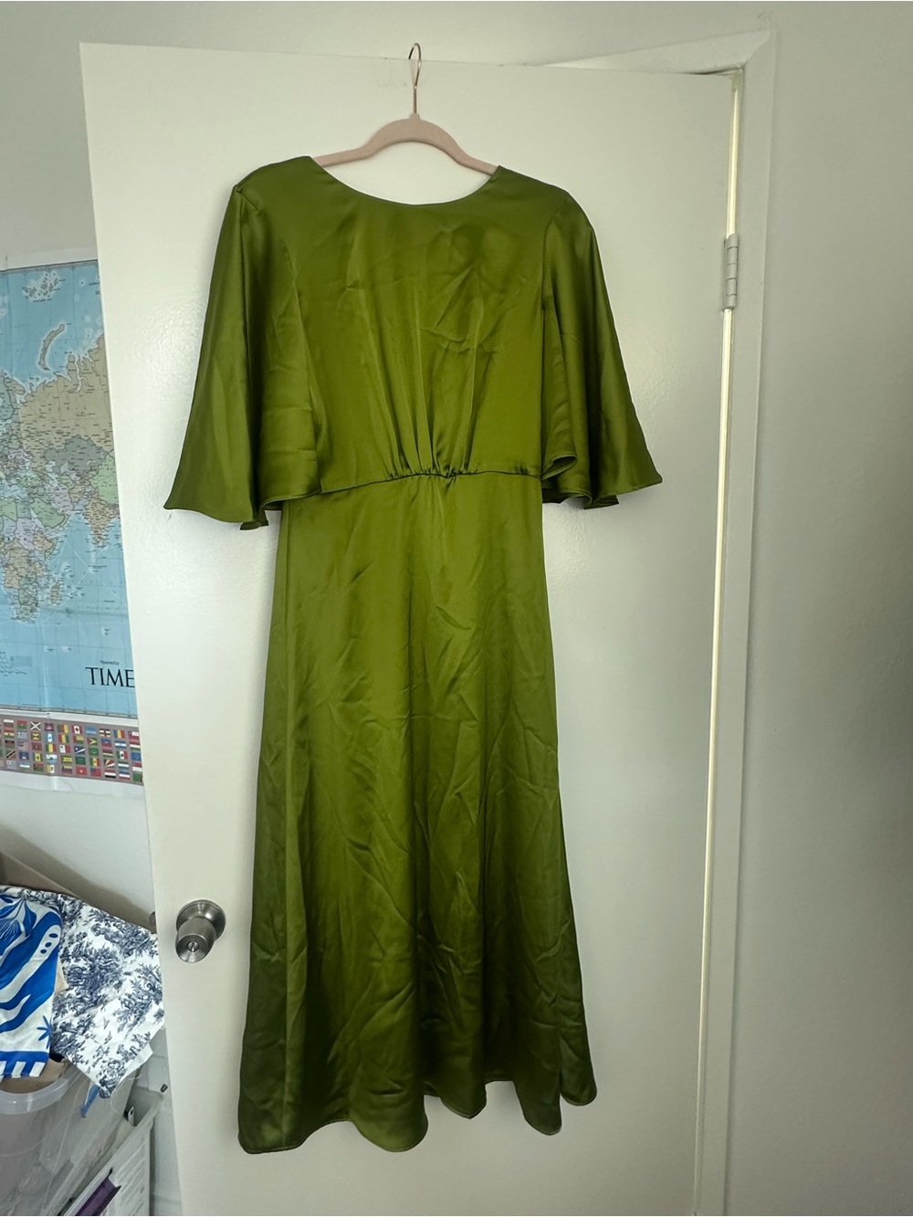 Satin Olive Green Maxi Dress with Cape Sleeves